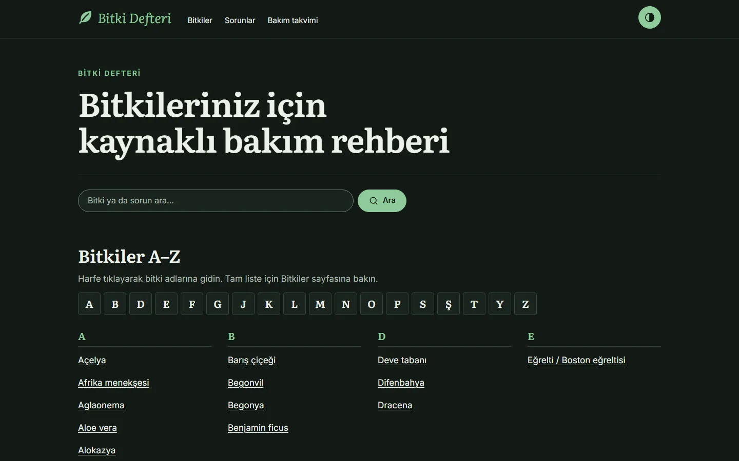 Bitki Defteri, Anasayfa (koyu tema) sayfası