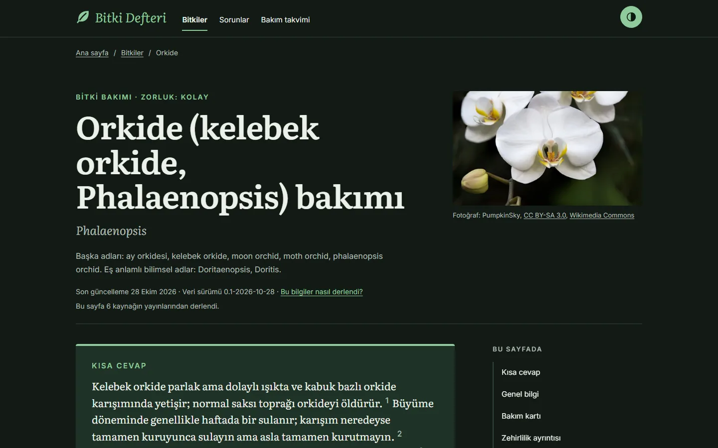 Bitki Defteri, Bitki sayfası (koyu tema) sayfası