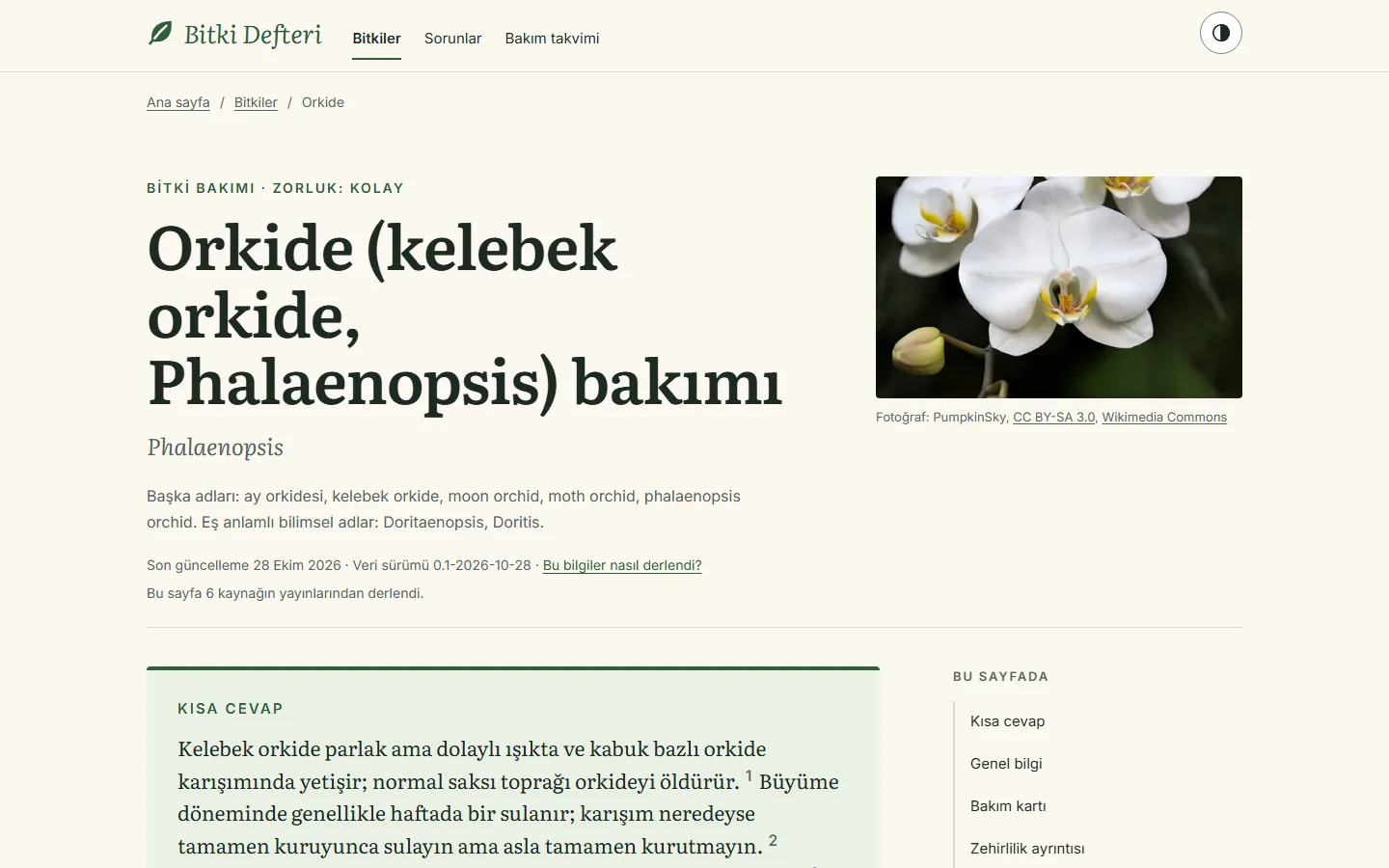 Bitki Defteri, Bitki sayfası sayfası