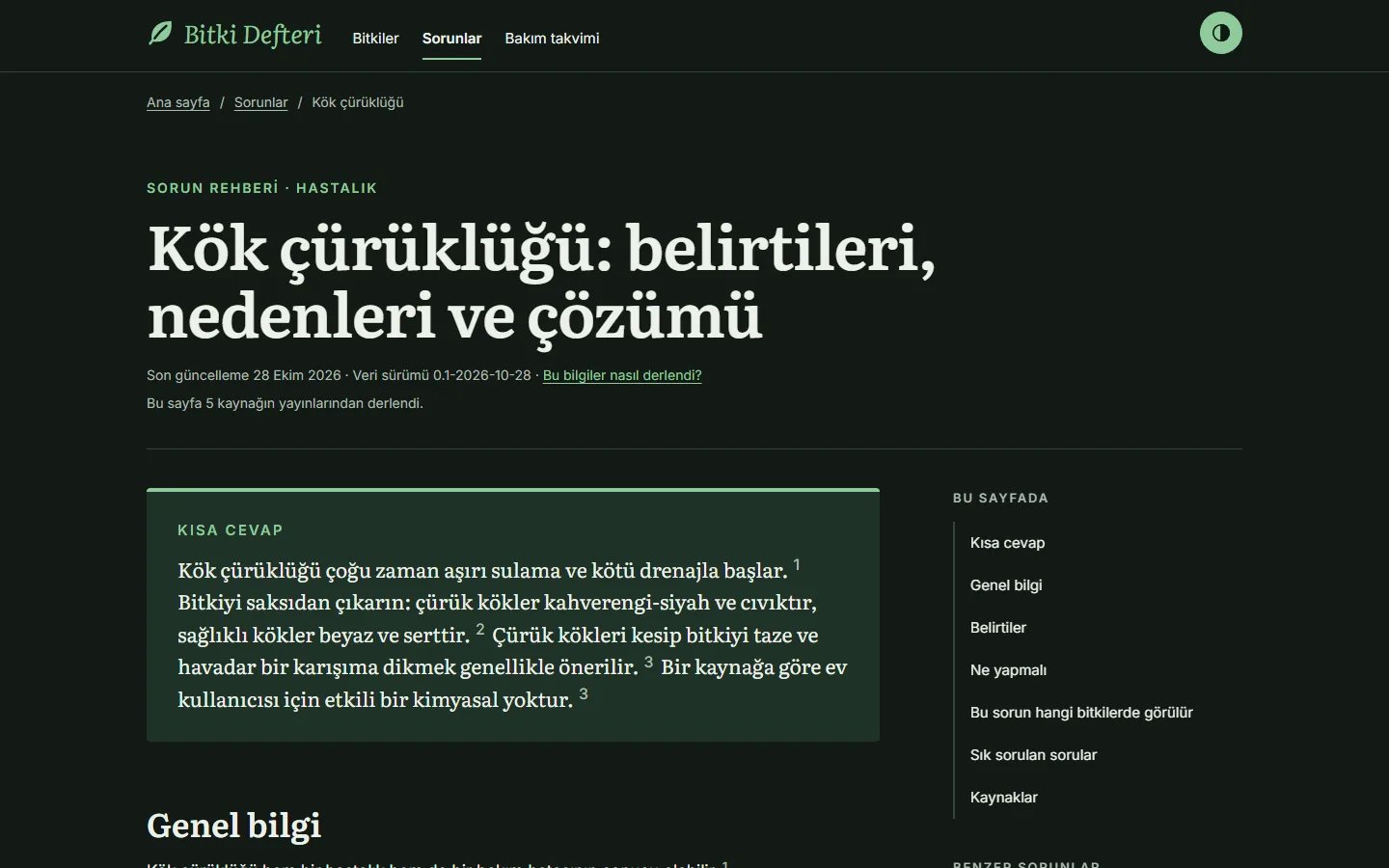 Bitki Defteri, Sorun sayfası (koyu tema) sayfası